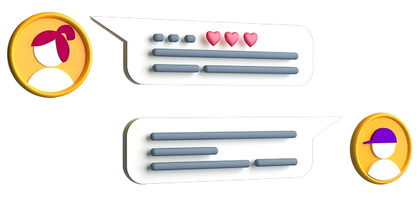 Ilustración de dos reseñas de clientes con corazones, en burbujas de conversación