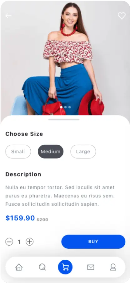 Ficha de producto con foto, descripción y precio en una tienda móvil