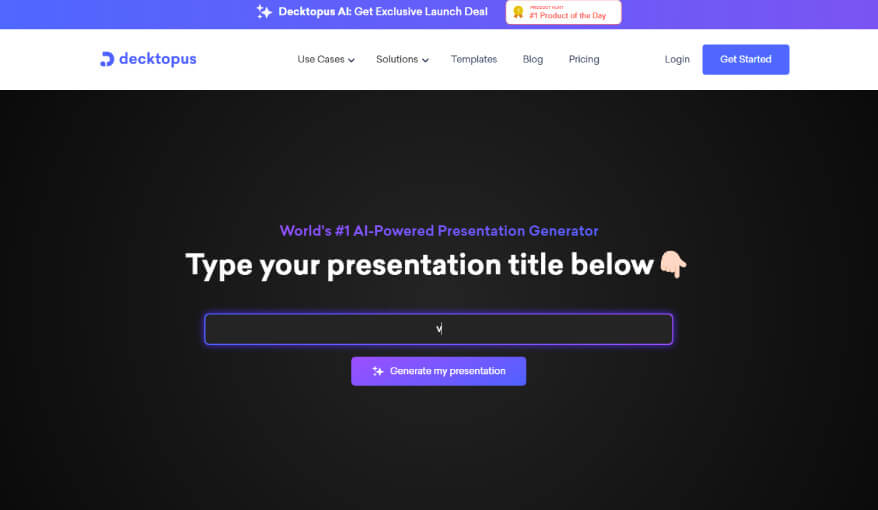 Pantalla de Decktopus.ai con el campo para escribir el título de una presentación