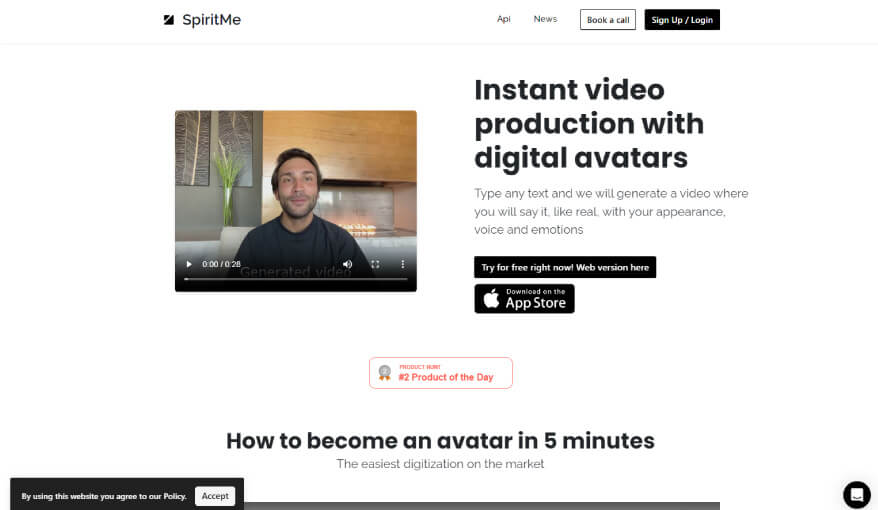 Página de SpiritMe: producción de video instantánea con avatares digitales