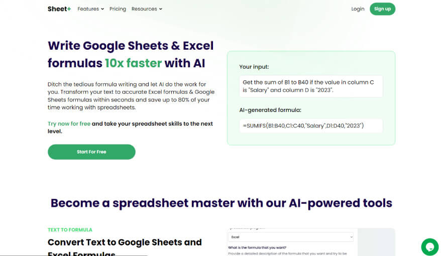Página de Sheet+ para escribir fórmulas de Google Sheets y Excel con IA
