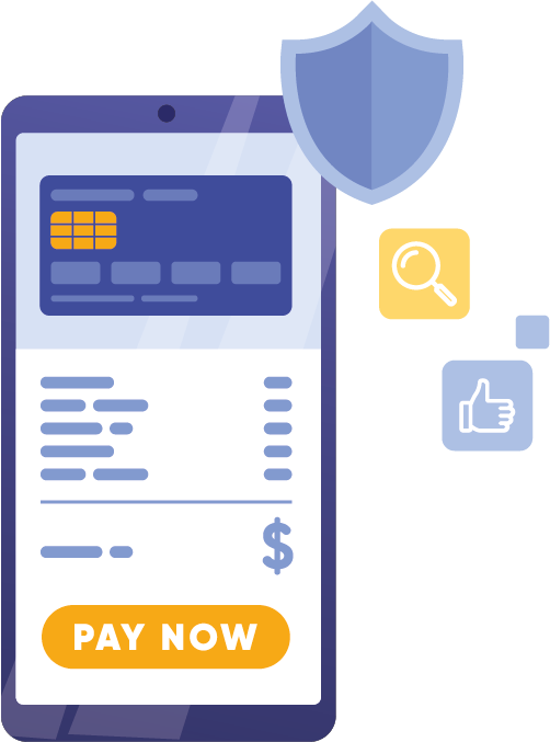 Ilustración de una pantalla de pago con un escudo de seguridad y el botón «Pay now»