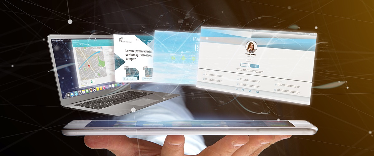 Varias pantallas de un sitio web flotando sobre una computadora portátil