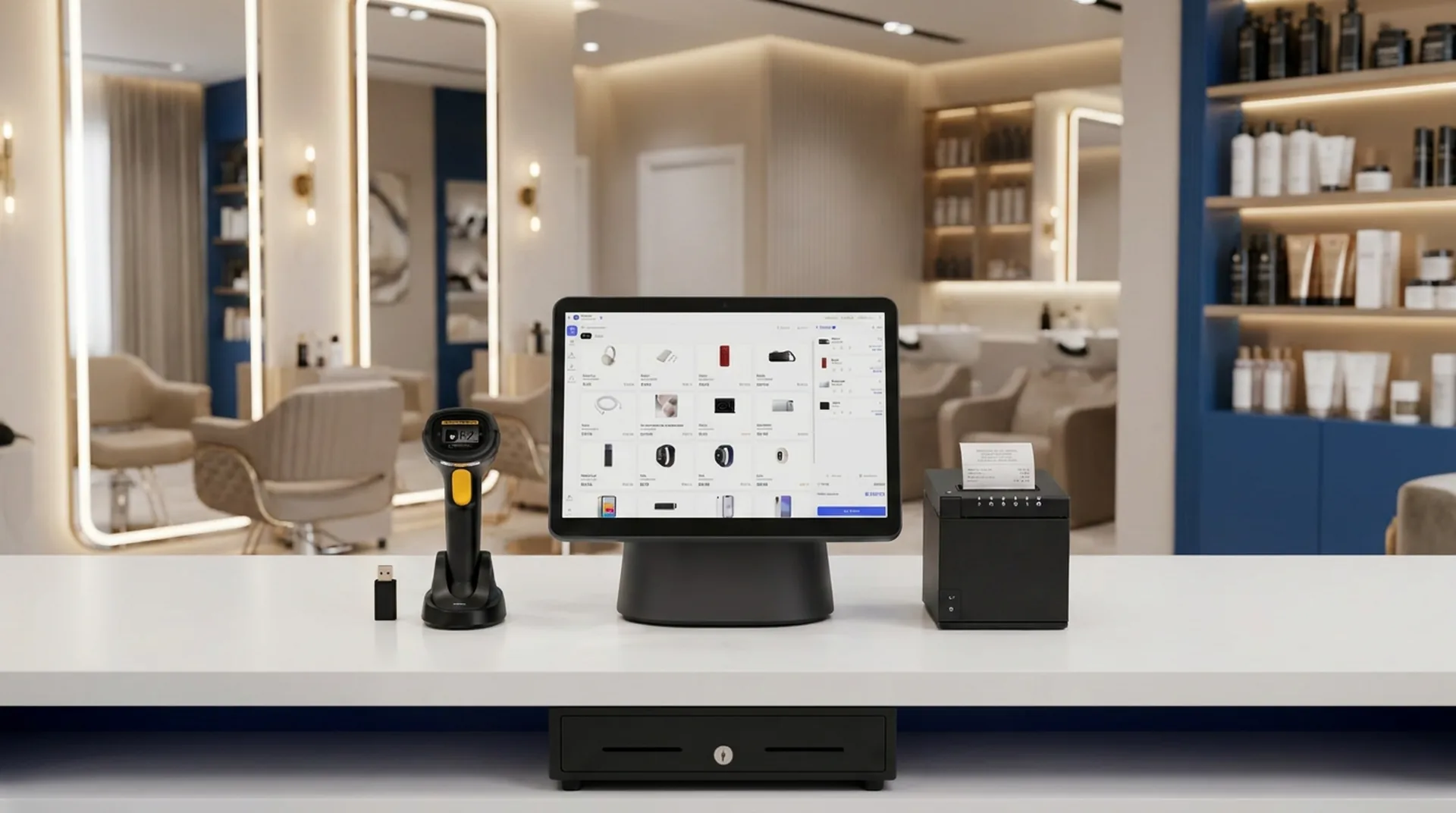 Punto de venta Qpaypro instalado en la recepción de un salón de belleza