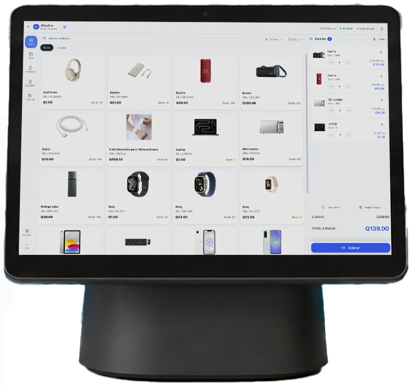 Pantalla del punto de venta de Qpaypro con el catálogo de productos y el ticket de la venta en curso